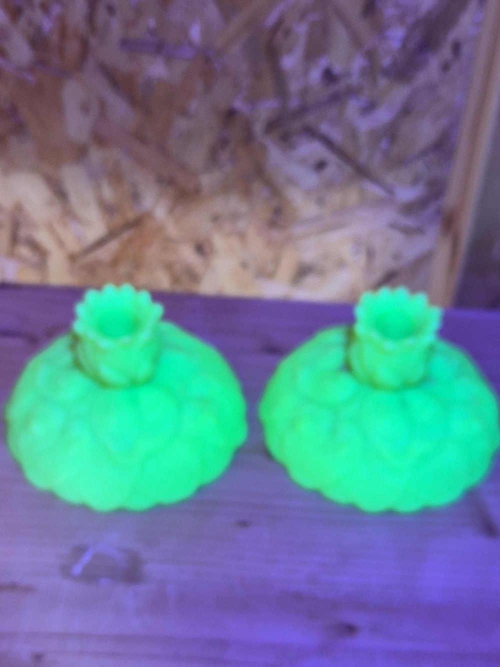 Vintage Fenton Satin Lime Green Water Lily Candle Holders Pair UV Reactive Glass